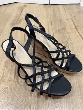 Fergie Black Strappy Cork Wedge Sandals